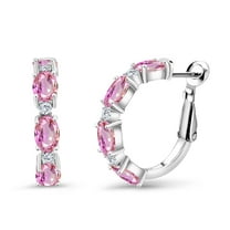 Gem Stone King 5.03 Ct Oval Pink Sapphire G-H Lab Grown Diamond 925 Sterling Silver Hoop Earrings