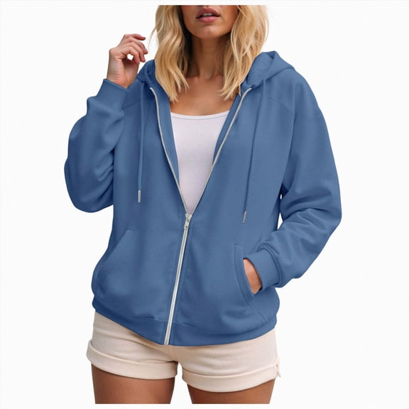 KPOPLK Plain Hoodies for Women Long Sleeve Full Zipper Zip Up Essentials Hoodie with Pockets Hooded Sweatshirt Women Jacket(M,Navy)