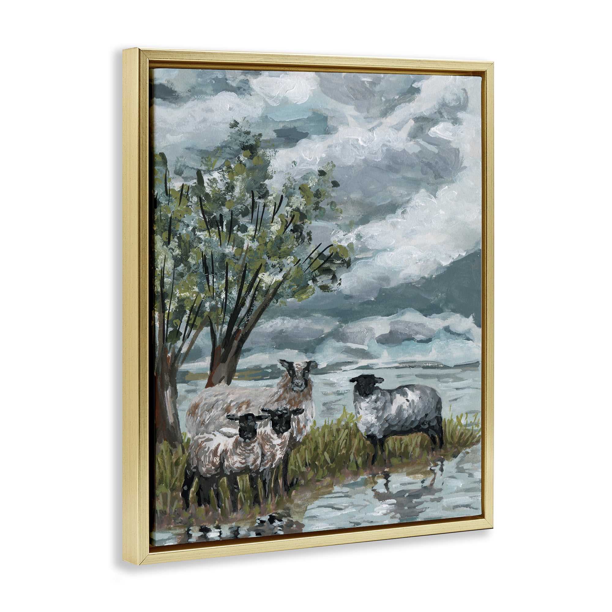 Stupell Industries Traditional Sheep View Landscape Painting Gold Floater Framed Canvas Art Print Wall Art, 17 x 21