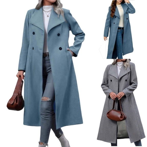 Miluxas Women's Mid Length Trench Coat Long Sleeve Double Breasted Dress Jacket Classic Lapel Slim Woolen Overcoat with Pockets Gray XL(XL)