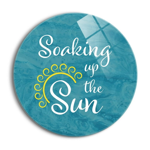 Soaking Up Sun Aqua Swirl Yellow Waves 24 inch Glass Wall Hanging Sign