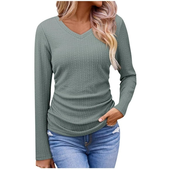 Makaor Lightweight Long Sleeve Tops for Women V Neck Shirts Solid Color Pullover Tees Casual Outfits Clothes