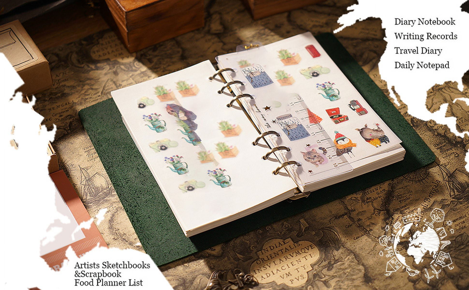 KISSKI·H Olvido A5 Leather Vintage Journal Notebook, 6 Ring Binder Travelers Diary Notebook with Lined, Refillable Writing Padfolio, Versatile Diary/Planner/Sketchbook/Scrapbook, Green