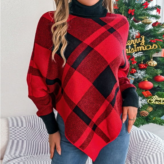 AGWOLF Womens Turtleneck Swearters Chunky Plaid Knit Pullover Oversized Batwing Long Sleeve Jumper Casual Color Block Asymmetrical Hemline Tops