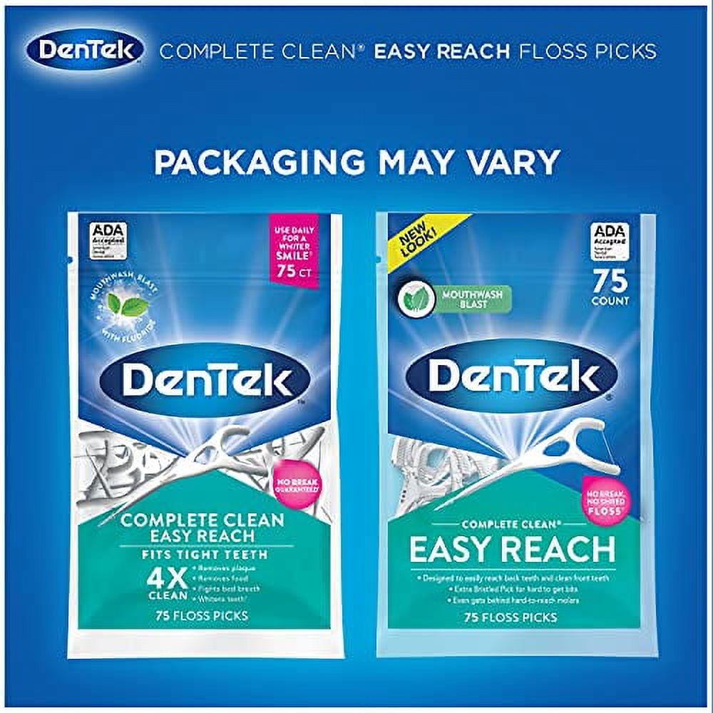 DenTek Complete Clean Easy Reach Floss Picks | Advanced Fluoride Coating, Mouthwash Blast Flavor| 75-Count | 6-Pack