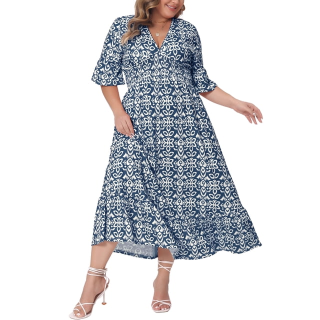 Vestido largo A línea Boho de media manga con cuello en V para mujeres de tallas grandes Agnes Orinda 1X azul marino