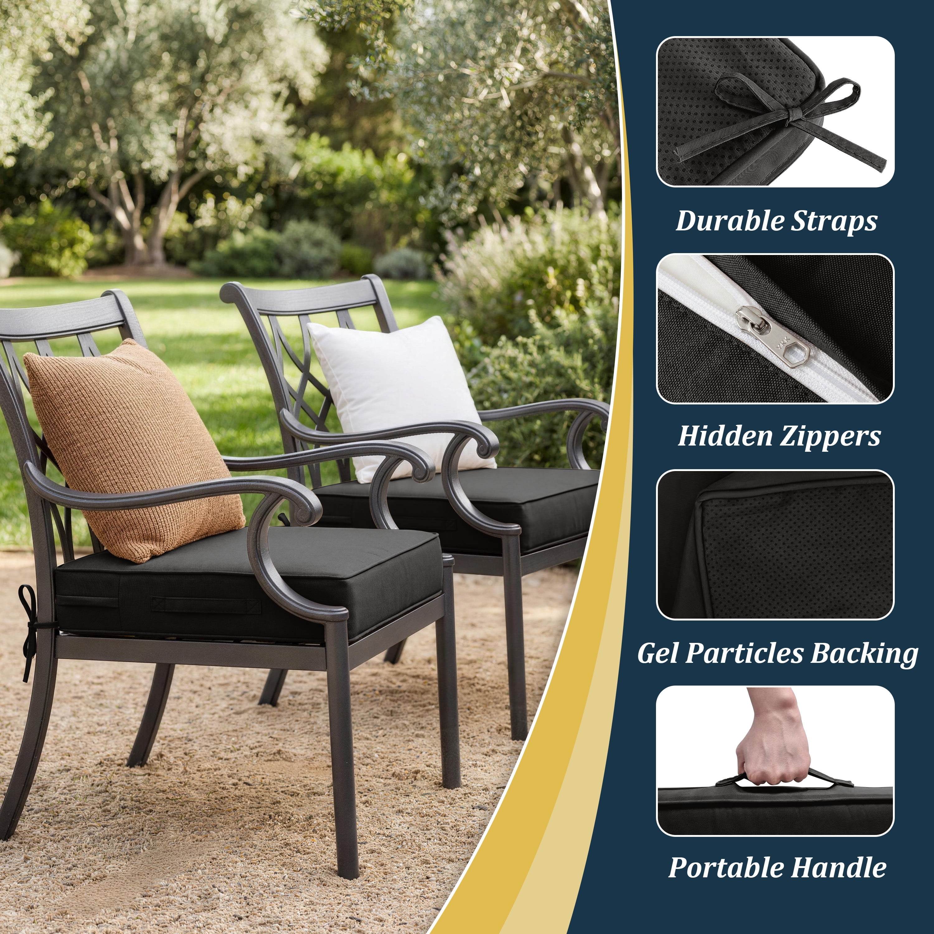 Kimunuk 2Pcs Outdoor Chair Cushions Slipcovers, 24" x 24" Replacement Waterproof Non-Slip Patio Seat Cushion Covers with Handle,Black