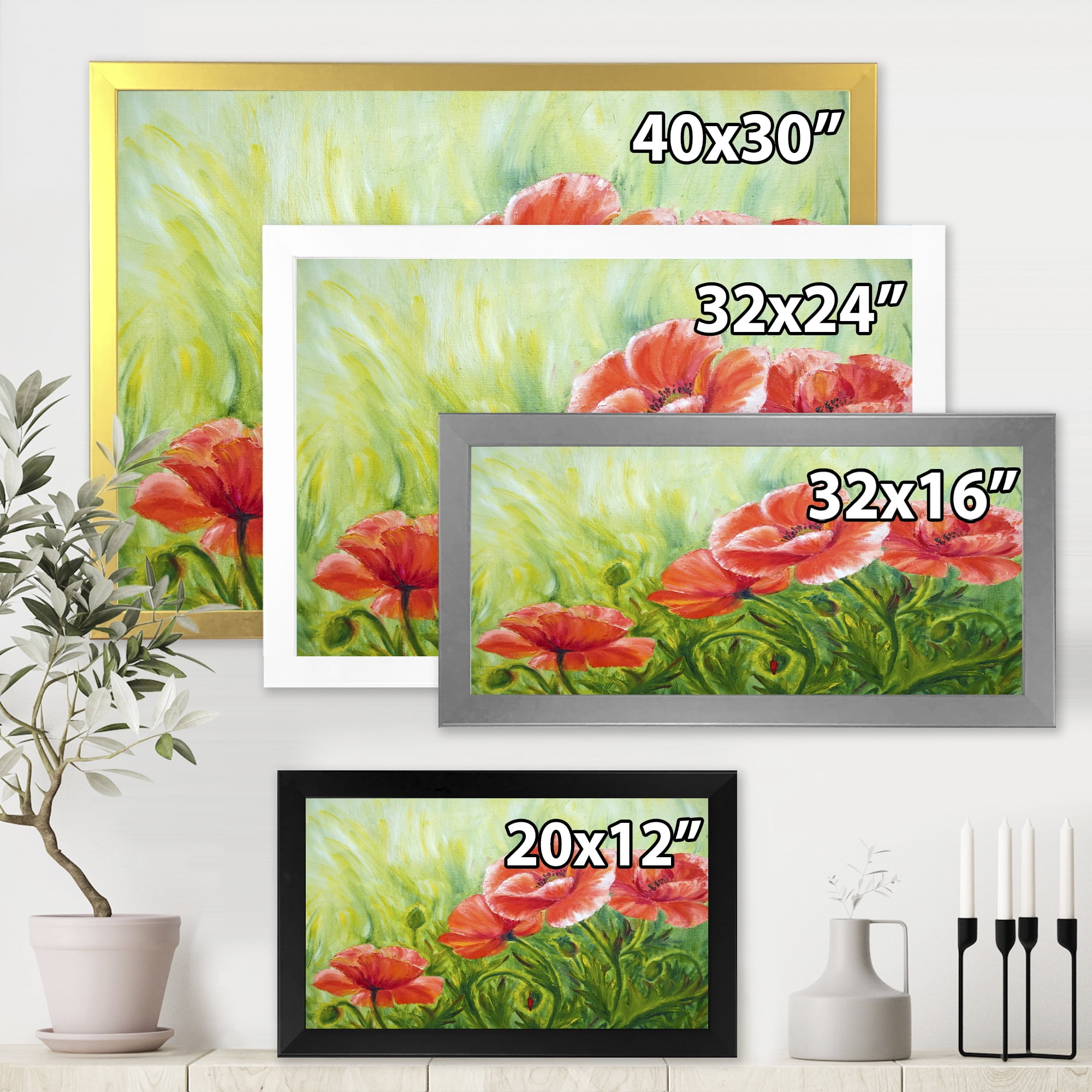 Designart 'Red Blossoming Poppies Over Wild Green III' Traditional Framed Art Print