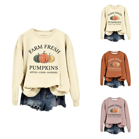 Fall Sweatshirts for Women 2025 Farm Fresh Pumpkins Halloween Thanksgiving Graphic Crewneck Sweatshirt Pullover Tops