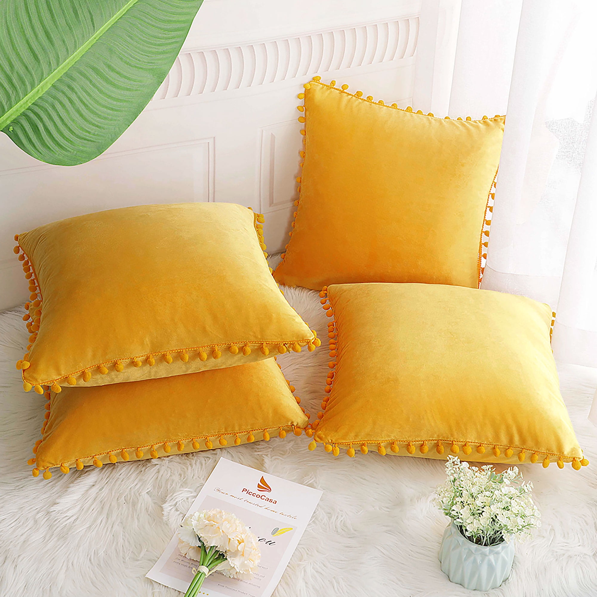 Unique Bargains Velvet Pillow Cover with Poms for Sofa 4PCS Gold 20" x 20"