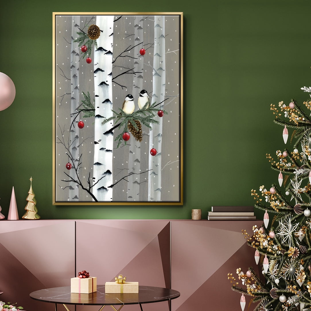 Birch Birds I - Framed Gallery Wrapped Holiday Canvas - 27 x 41 - Gold Frame