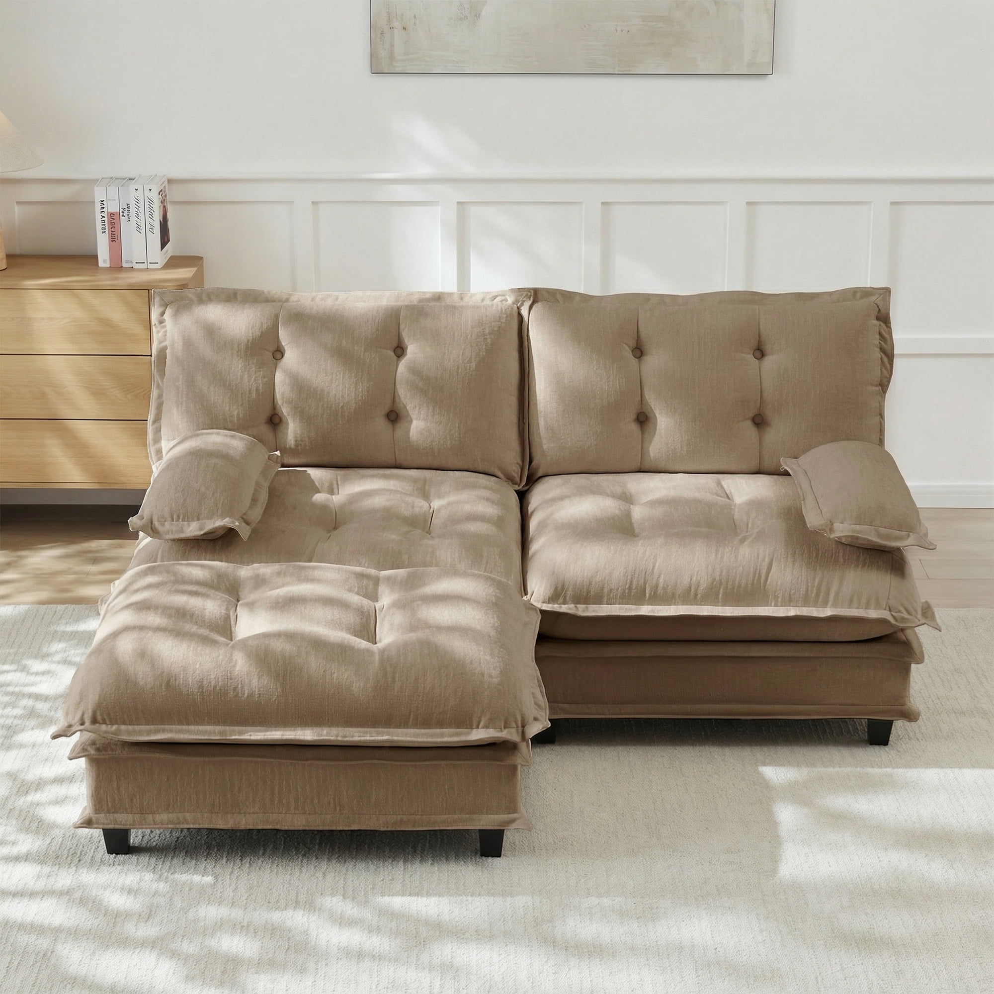 AISWORD 77" L-Shaped Modular Sectional Cloud Sofa with Ottoman, Chenille Fabric Deep Seat Couch with Lattice Decored Cushions