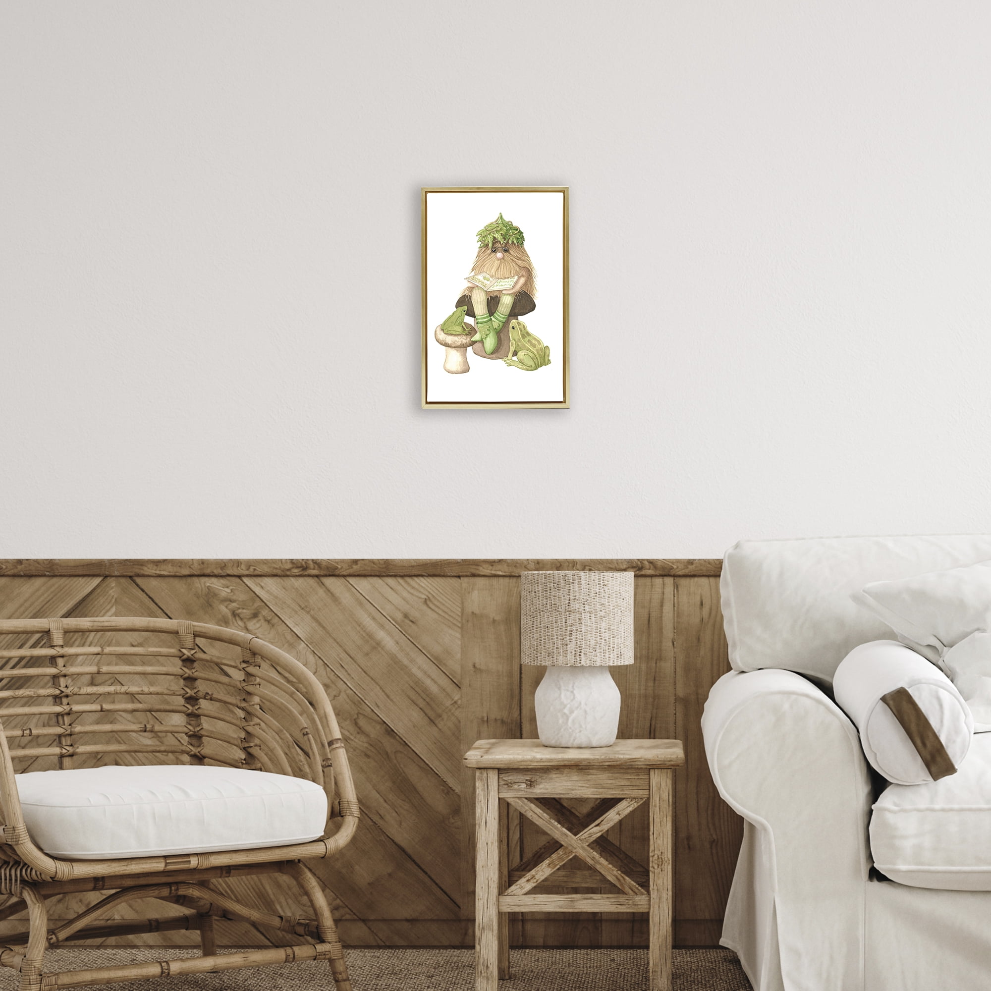 Stupell Industries Garden Elf with Frogs Gold Framed Floater Canvas Wall Art, design by Nancy Overton