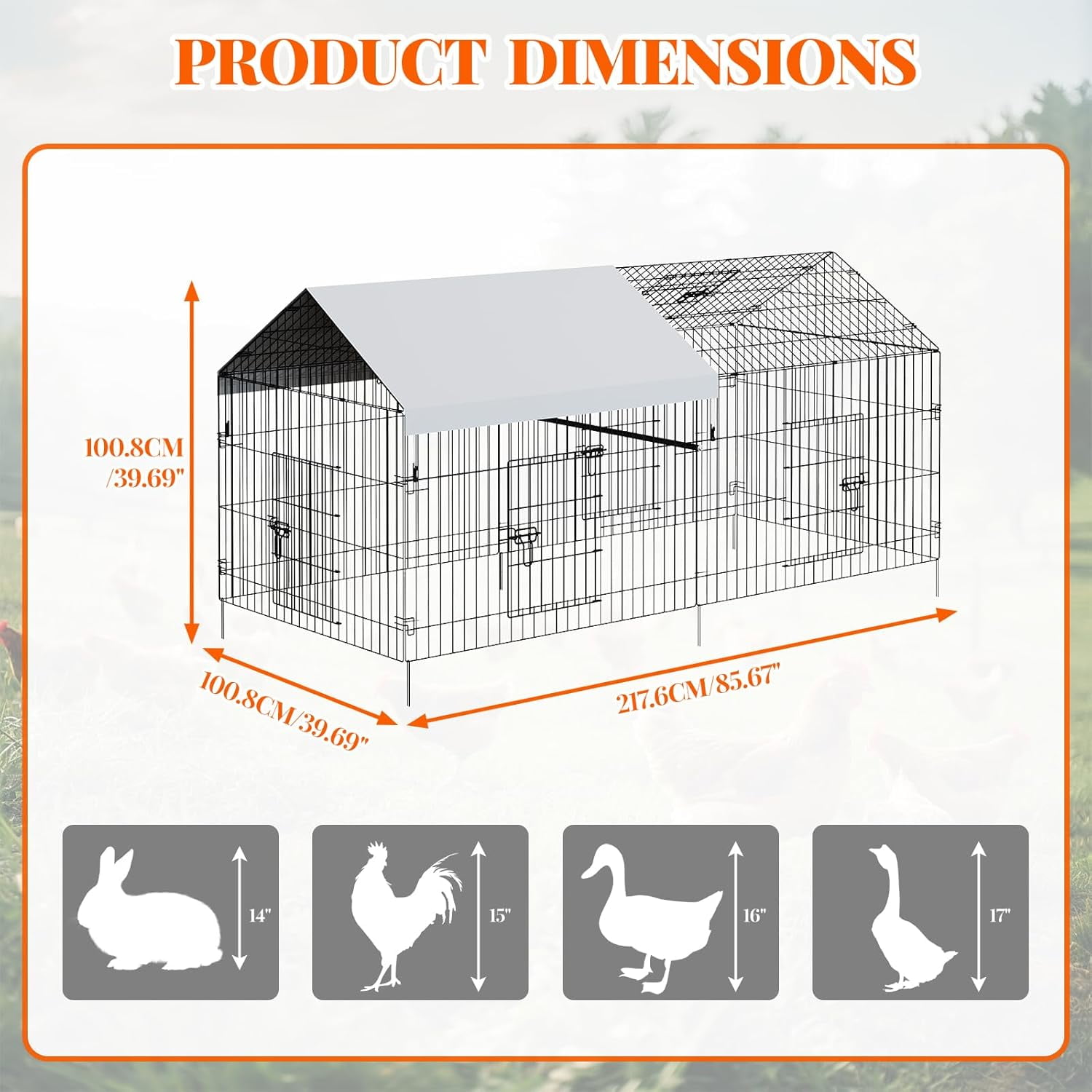 Metal Chicken Coop,86"×40"×40" Chicken Run with Waterproof Cover Portable Poultry Cage Walk in Hen House Outdoor Backyard Farm Animal Enclosure Crate Pet Playpen Exercise Pen for Rabbit Duck Hen