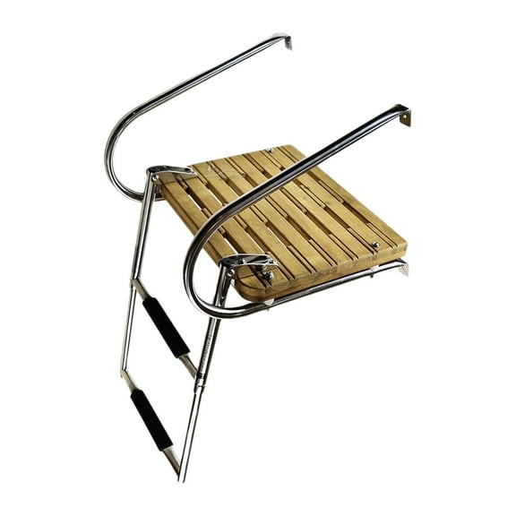 MARINE CITY Stainless Steel 2 Step I/B Swim Teak Platform Ladder - 2 Step Boat Ladder, Low Maintenance  Max Load 400 lbs.  Ideal for Marines, Boats, Ships, Yachts