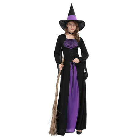GeweYeeli Women Black Purple Witch Dress Sorceress Cosplay Adult Halloween Party