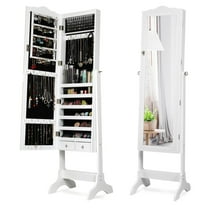 Giantex Jewelry Armoire Cabinet, Freestanding Jewelry Storage Organizer w/ Full Length Mirror, Tilting Angles & LED, White