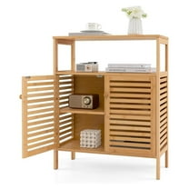 Bamboo Bathroom Cabinet, Freestanding Storage Organizer with Double Doors & Shelf, Entryway Floor Cabinet