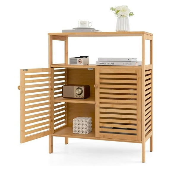 Bamboo Bathroom Cabinet, Freestanding Storage Organizer with Double Doors & Shelf, Entryway Floor Cabinet
