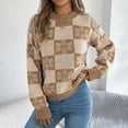 thumbnail image 2 of larppty Women's Knit Winter Sweater Snowflake Checkered Color Block Pullover Tops Trendy Y2k Clothes (Khaki, S), 2 of 8