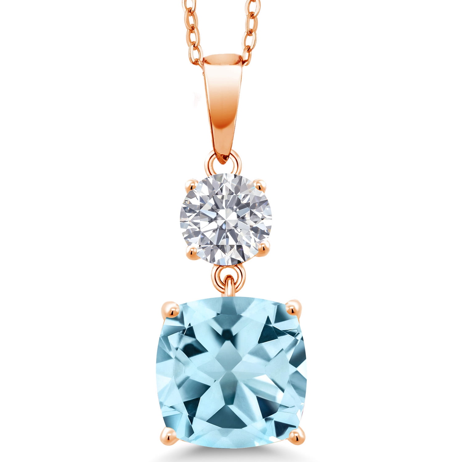 Gem Stone King 18K Rose Gold Plated Silver Sky Blue Topaz and Lab Grown Diamond Pendant for Women | 4.99 Cttw | Gemstone November Birthstone | Cushion 10MM