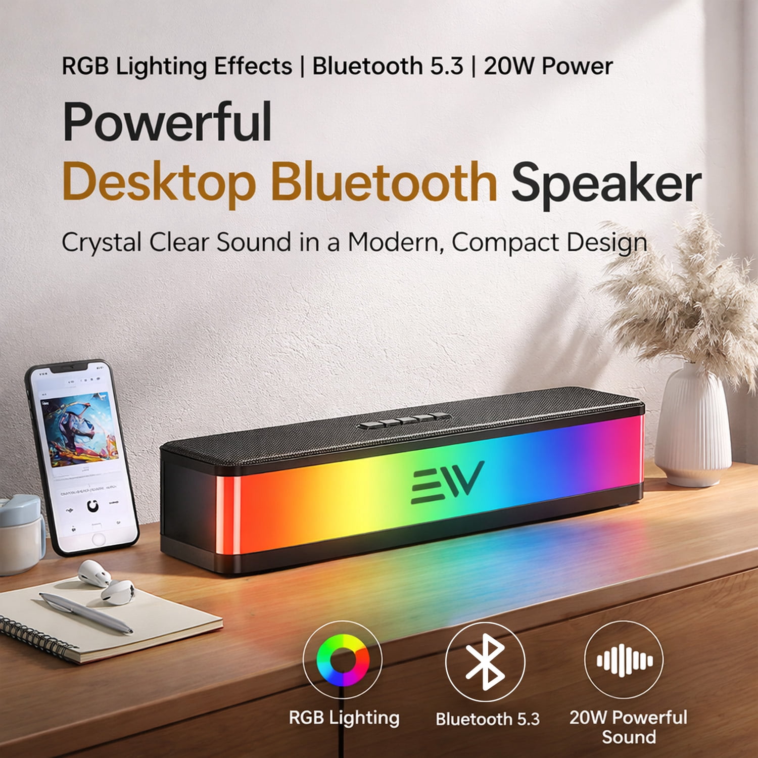 Electronic World Mini Bluetooth Soundbar Speaker, 20W Portable Wireless Speaker for TV, PC and Laptop, Bluetooth 5.3, AUX, USB and TF Card Support, Includes USB and AUX Cable