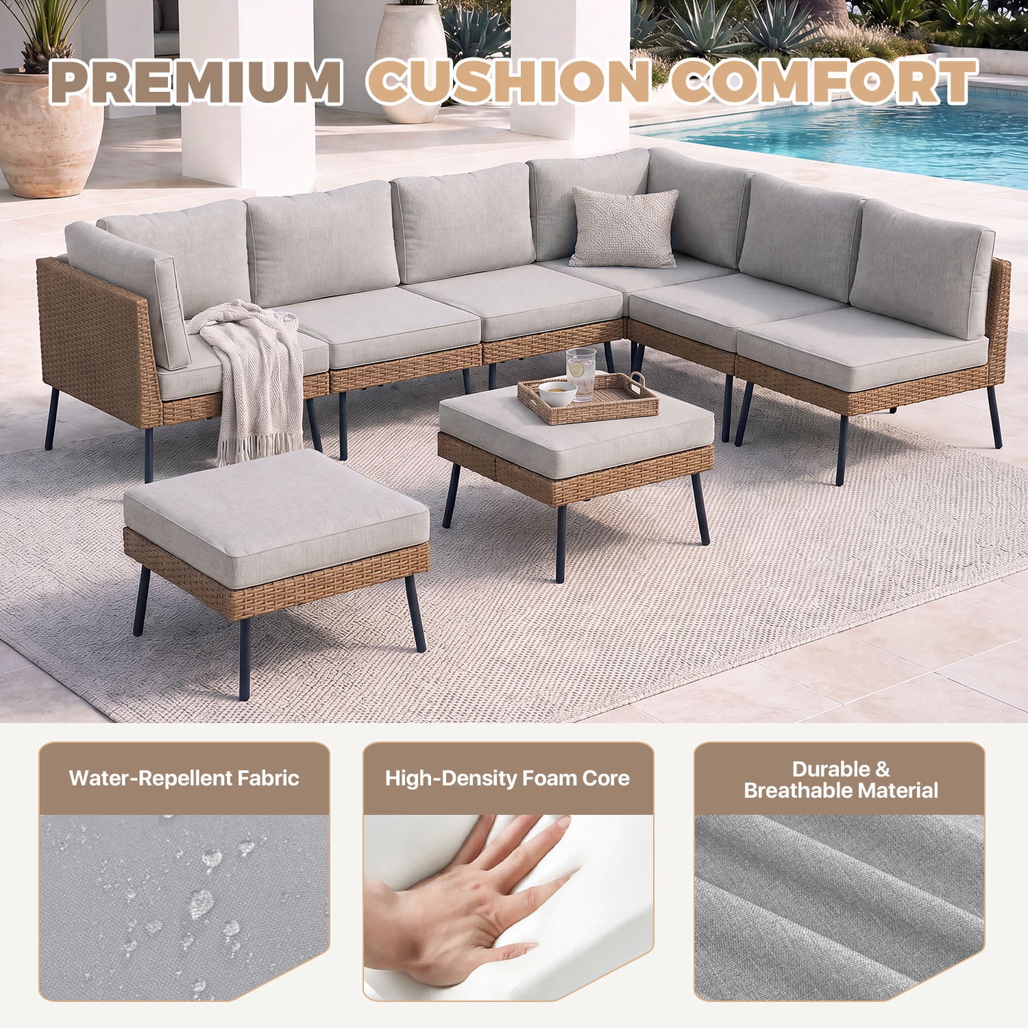 BaPiPro 8-Piece Modular Outdoor PE Rattan Sectional Sofa Set, All Weather Patio Furniture with Removable 4" High Density Cushions & 2 Multifunctional Ottomans for Backyard Garden Courtyard, Gray