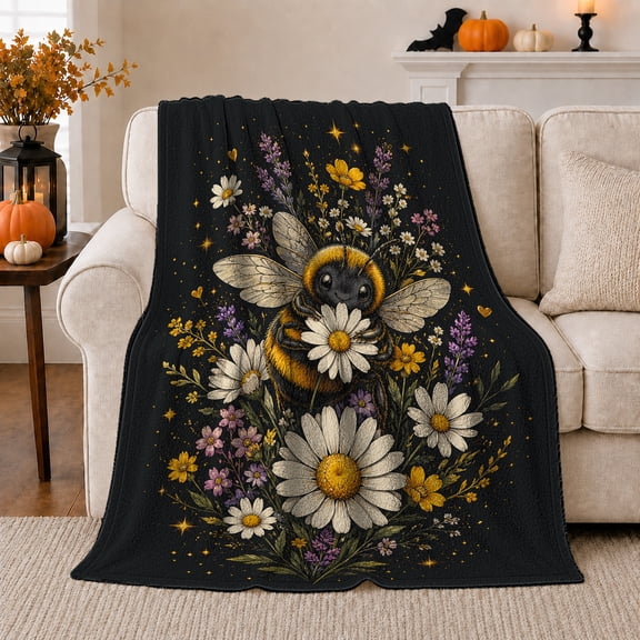 Enchanted Bumblebee Daisy Garden, Cozy Botanical Garden Scene, Warm Flannel Blanket for Sunroom and Reading Nook, Garden Lovers Thanksgiving Gift, Playful Home Decor