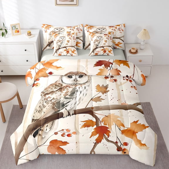 Manfei Wild Owl 7 Pieces Bedding Comforter Set,Autumn Maples Full Bedding Set,Hello Fall Fitted Sheet Flat Sheet For Boys,Microfiber Bedroom Decor Reversible