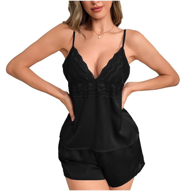 Mujeres Seda Pijamas Conjunto Pantalones Cortos Encaje Casual Recorte, Pendiente Cuello en V Hielo Seda Dos Piezas de Ropa de Dormir