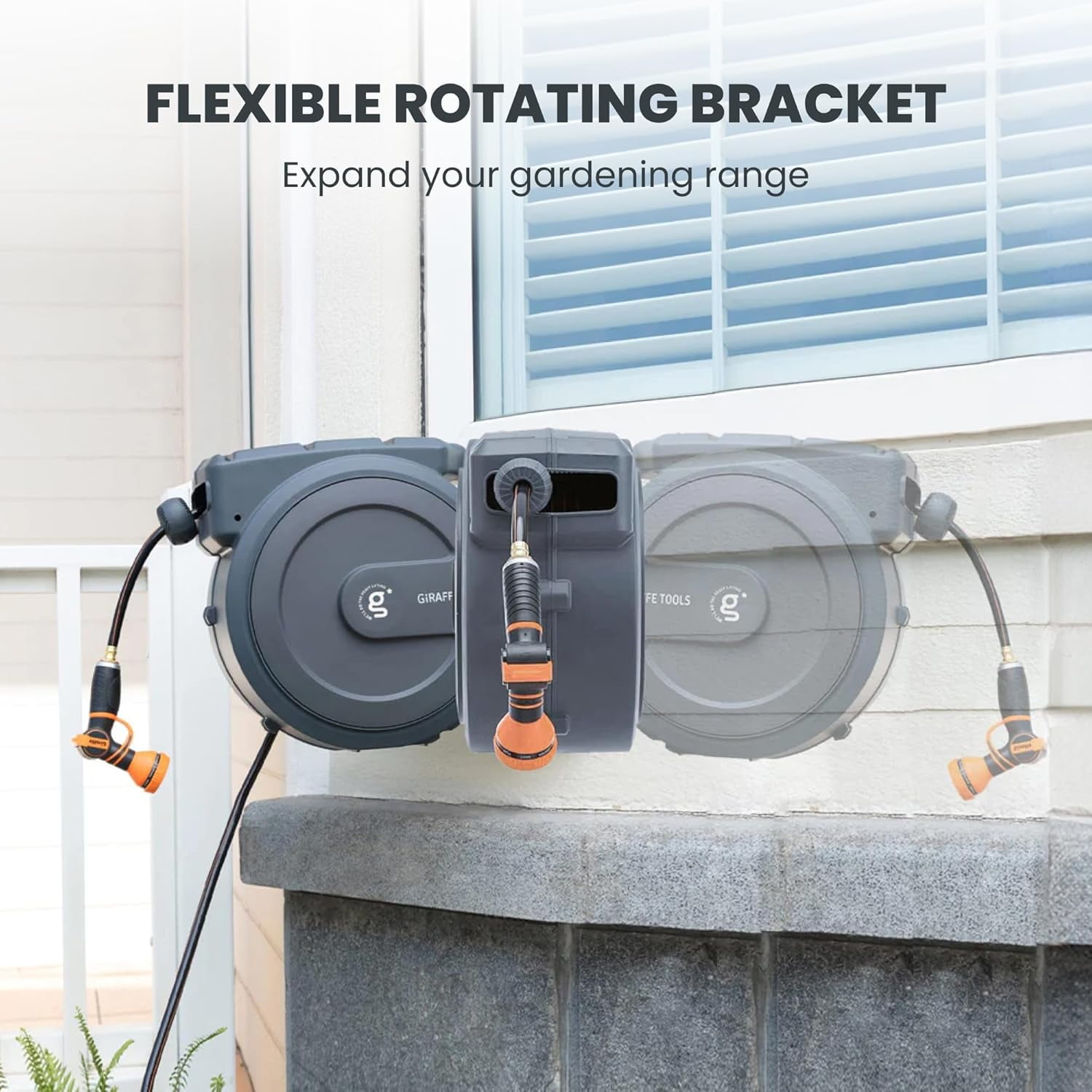 Giraffe Tools Retractable Garden Hose Reel with 1/2in-78ft Hose, Metal Bracket, Wall Mounted, Dark Grey