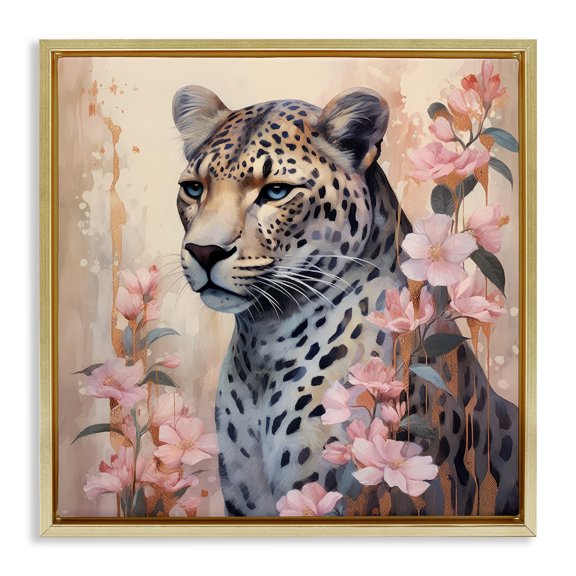 Stupell Industries Glam Leopard with Pink Flowers Gold Floating Frame Canvas Art, 25 x 25, by Lazar Studio