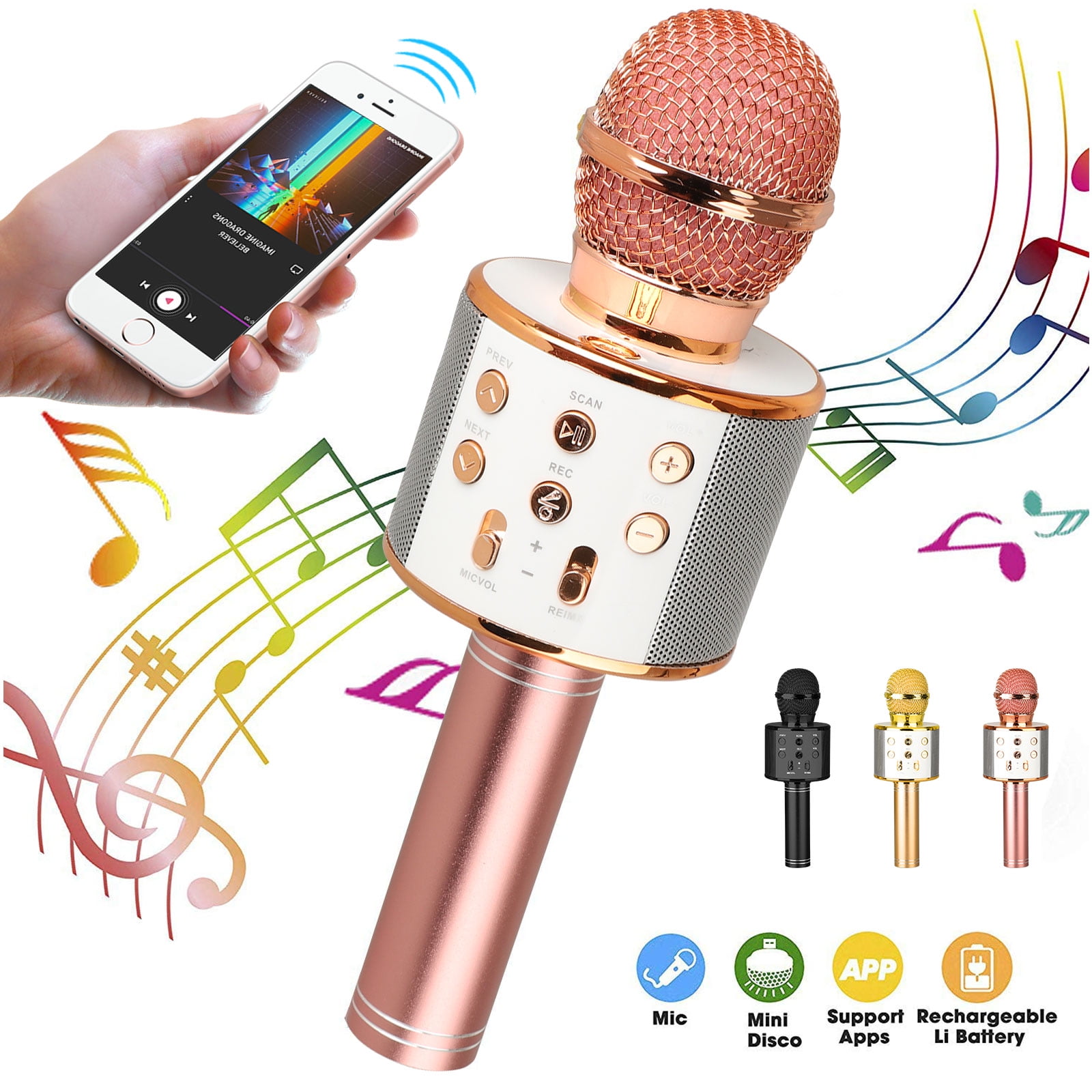 Micro Sans Fil Micro Karaoke Microphone Haut-Parleur Bluetooth Intégré,Karaoké Portable pour Chanter，Compatible avec Android/IOS/PC/Smartphone（Batterie Amovible） Or rose 