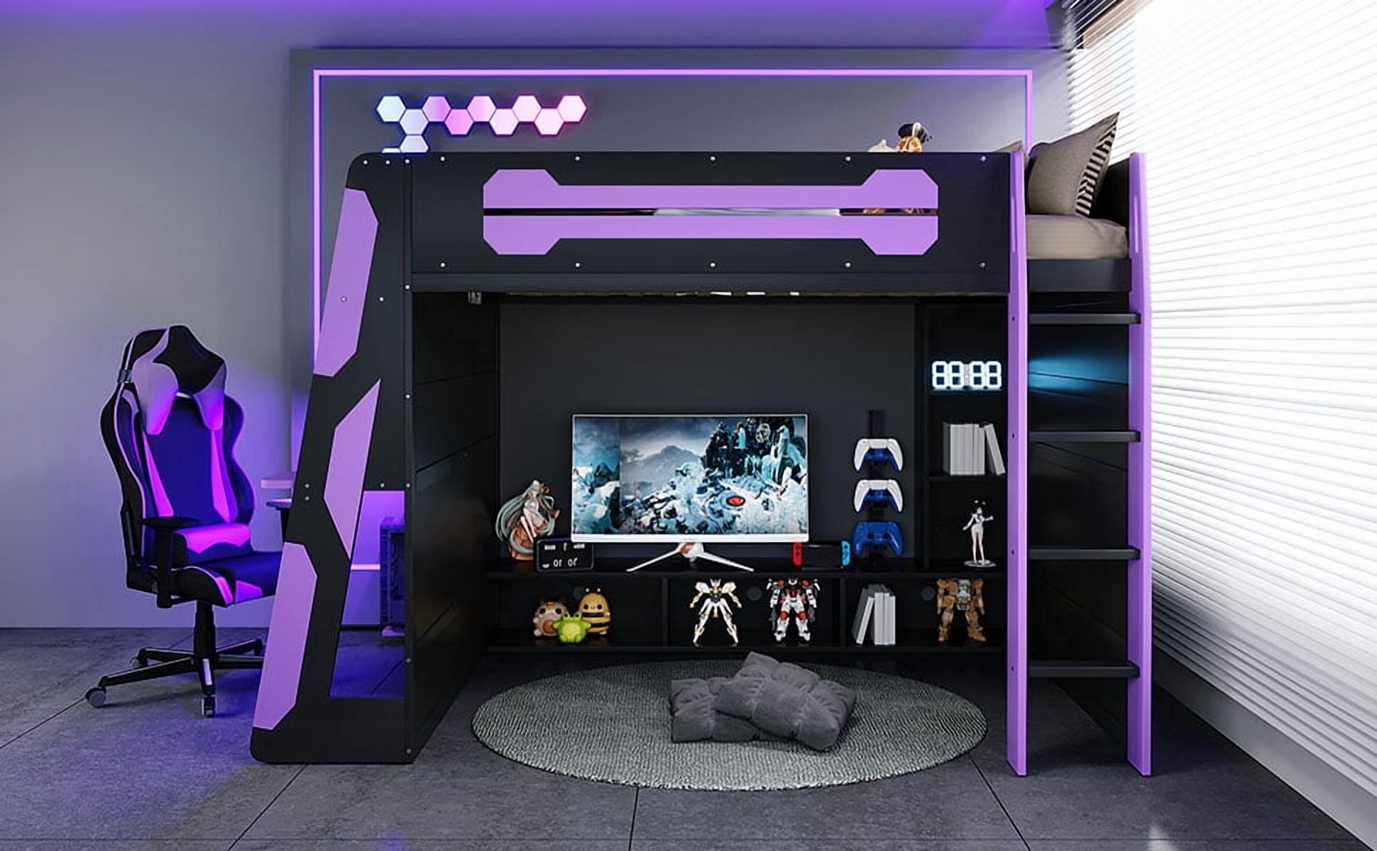 Mintazer Full Gaming Loft Bed with Desk & GB LED Light, Multifunctional Loft Bed with Multi-Tier Storage Shelves, Black & Purple