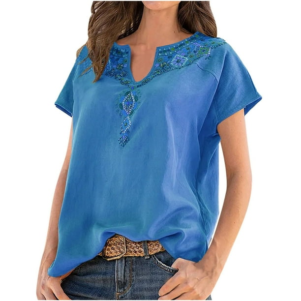 Tops de manga corta con estampado de estilo étnico Retro de ocio con cuello en V para mujer Fridja hjk3542