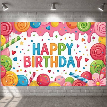 Candy Theme Banner Colorful Style Sweet Party Backdrop Sweet Design Dripping Icing Colorful Celebration Background for Kids Birthday Party Sweet Theme Celebration Indoor Party Decoration