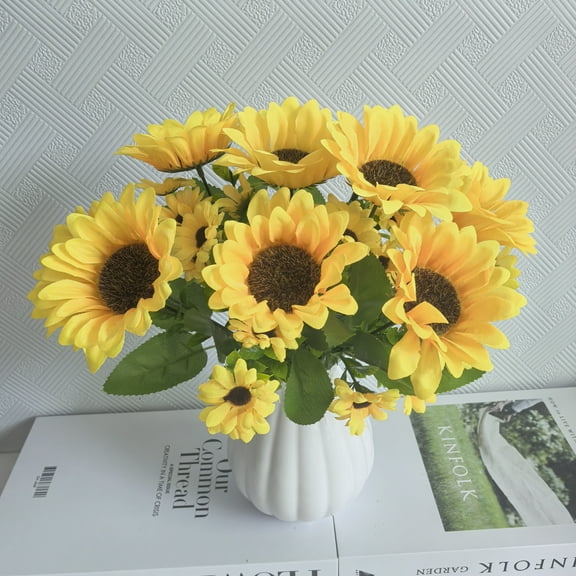 CasaVibe 2 Bunches Artificial Sunflower Bouquets, Fake Sunflowers with Stems, Silk Wildflowers Realistic Yellow Faux Sun Flowers for Wedding Decorations Fall Floral Arrangements Home Garden Table