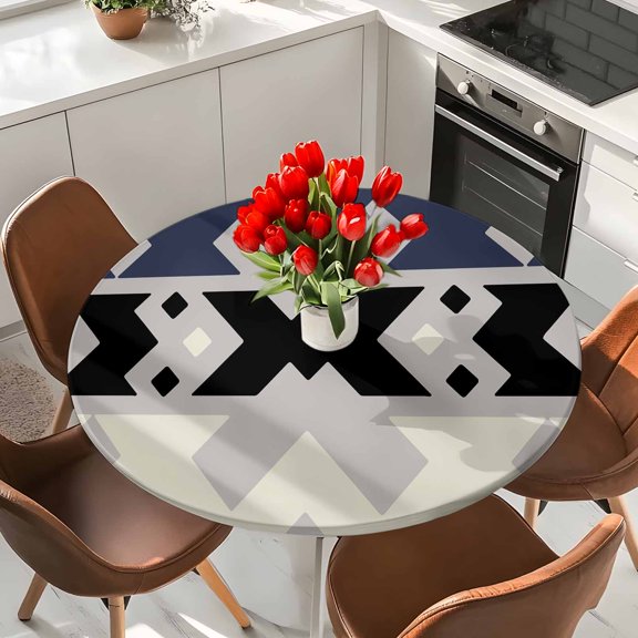 Abstract Geometric Elastic Fitted Round Tablecloth Black Blue Modern Lines Grey Waterproof Outdoor Table Cover for Holiday Party, Picnic, Patio & Dining Fits Tables Up to 45"-54"