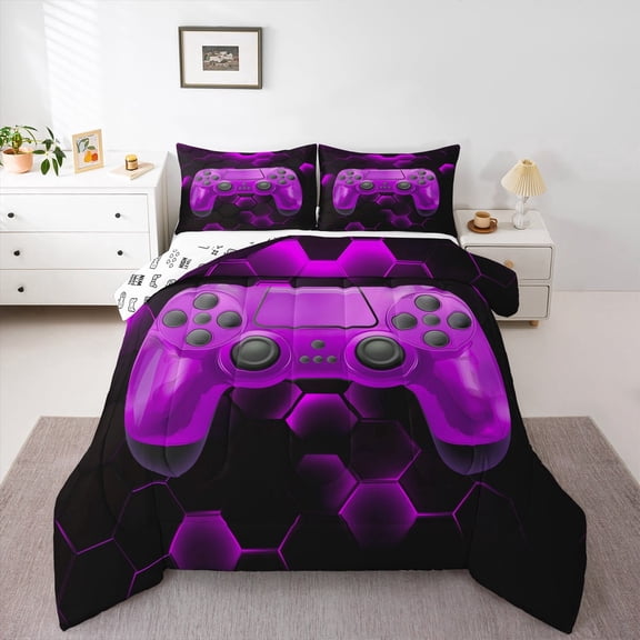 Erosebridal Purple Gamepad Bedding Twin Comforter Set, Geometric Down Comforter, Teens Gaming Decor, Ultra Soft 2 Pieces