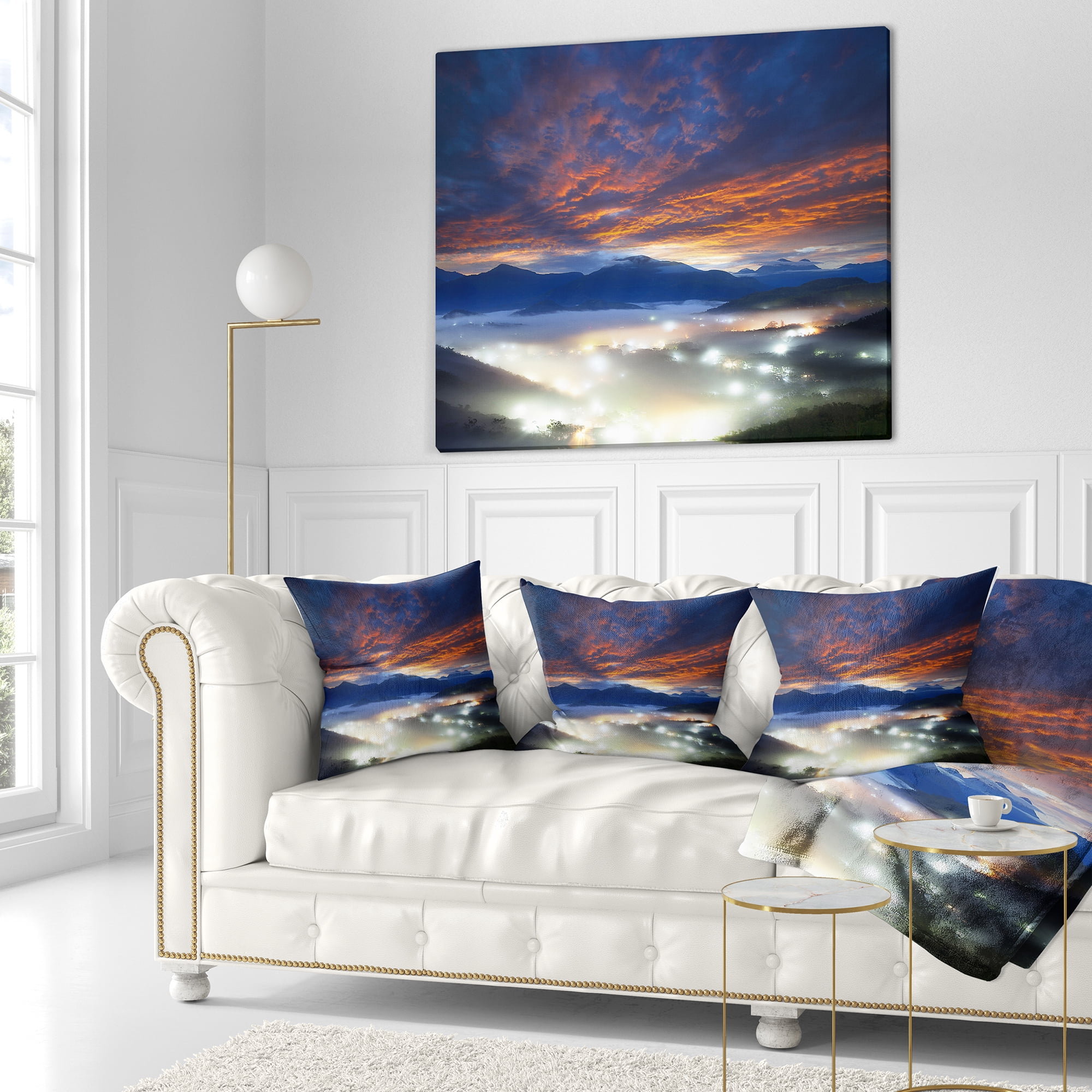 Designart Fiery Clouds and Lit up Villages - Landscape Photo Throw Pillow - 16x16