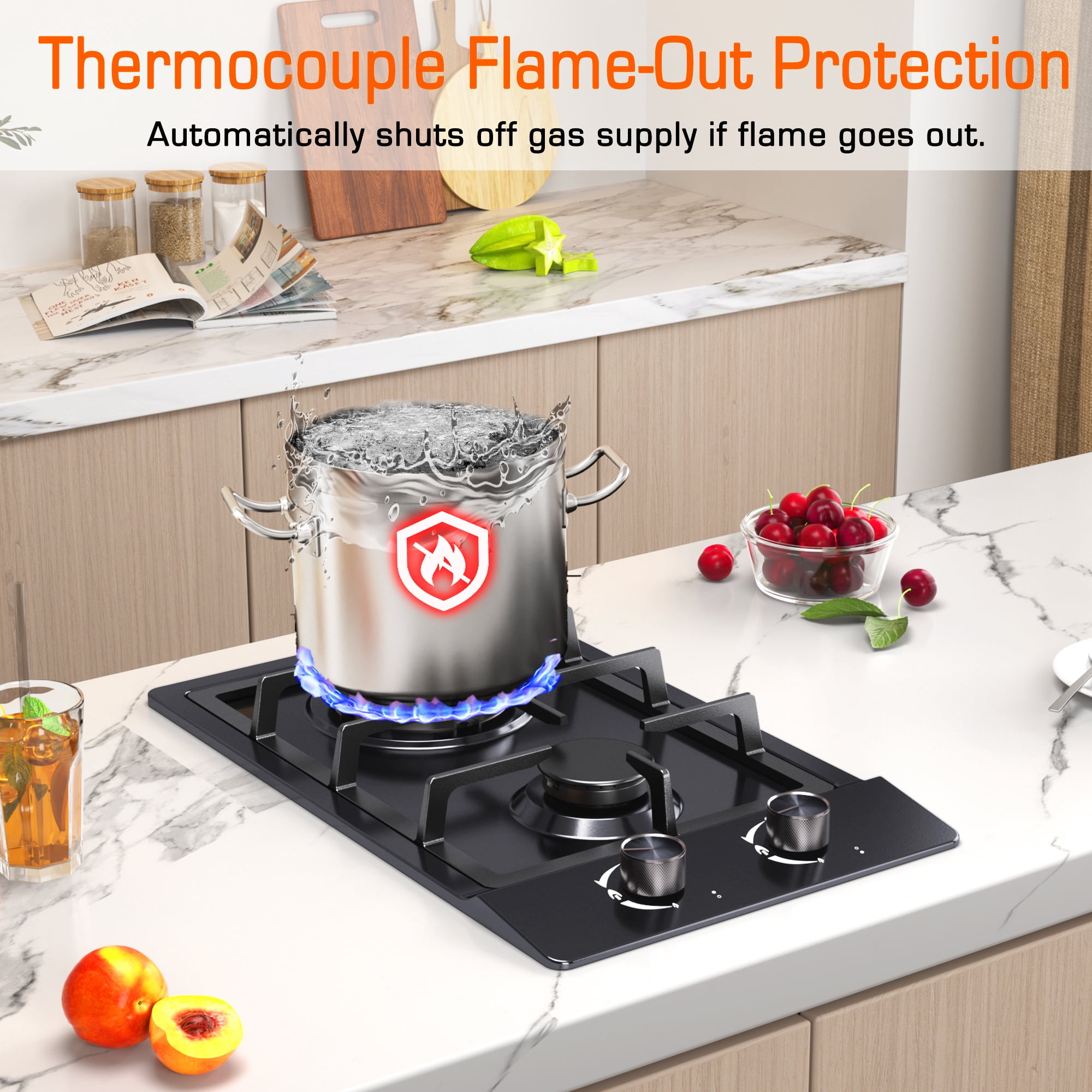 2 Burner Gas Cooktop, 12 Inch Built-in Propane Stove Top, NG/LPG Dual Fuel with Thermocouple Protection, Black Enamel Cooktop for Apartment & RV
