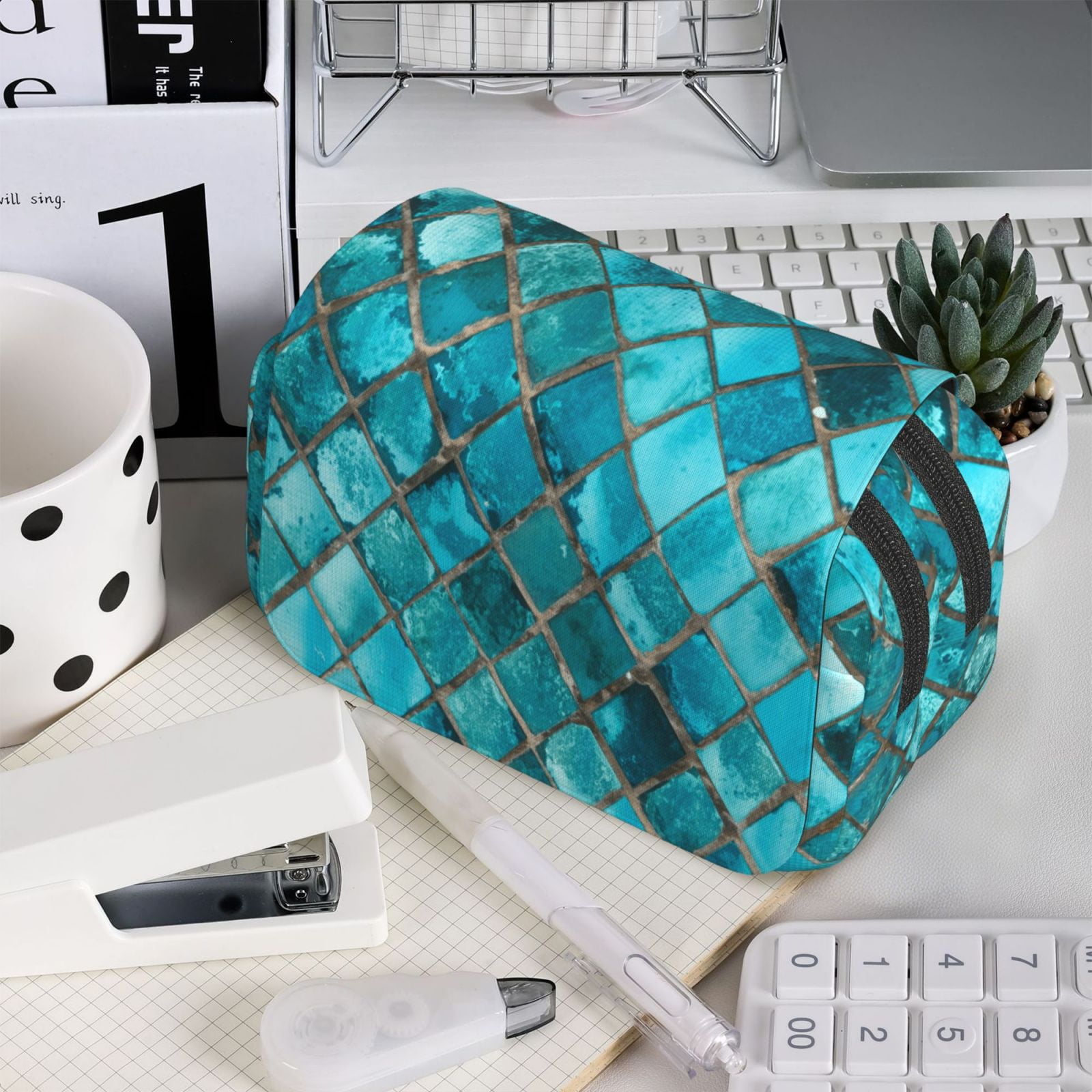 Rateoe Square Glass Mosaic Pattern Double Clamshell Pen Case, Storage Organizer with Two Zipper Compartments– Holds Up to 50 Pencils & Pens