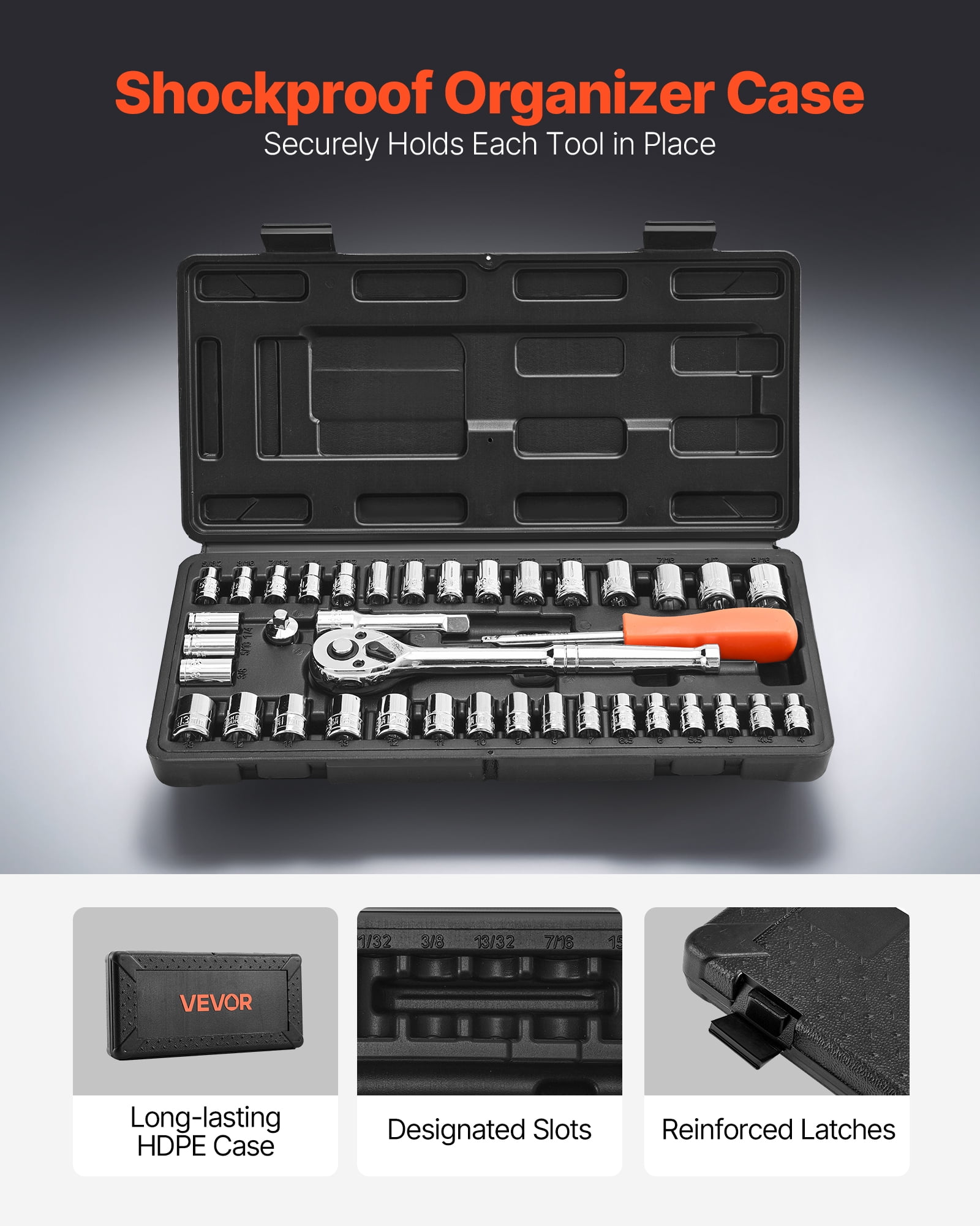 VEVOR Socket Set, 39 Pieces, 3/8 & 1/4 inch Drive Socket and Ratchet Set, SAE and Metric Size, Mechanic Tool Kit with Ratchet Wrench, Accessories, Storage Case, CR-V Alloy Steel,for Automotive Repair