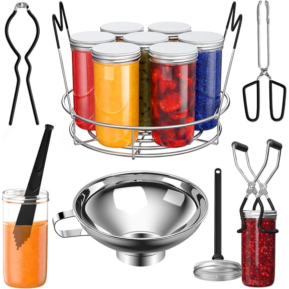 Canning Supplies Starter Kit, 7 Piece Tools Set with Stainless Steel Rack, Wide Mouth Funnel, Kitchen Tongs, Jar Lifter, Magnetic Lid jar Wrench, Bubble Popper