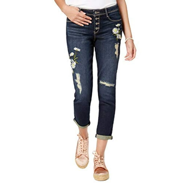 Black Daisy Black Daisy Jamie Ripped Embroidered Boyfriend Jeans Juniors 1 Blue MSRP 39