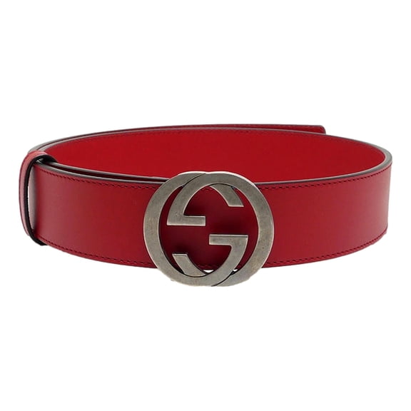 NEW Gucci Interlocking Leather GG Buckle Antiqued Silver Tone Belt Rosso Red 85/34