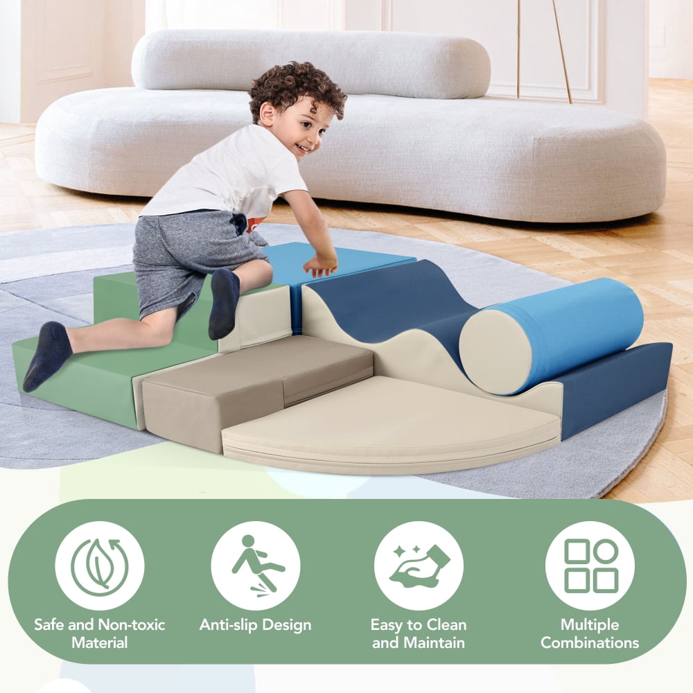 6 in 1 Soft Climb and Crawl Foam Playset for Baby, Toddler Indoor Play Equipment with Ramp, Steps, Wave Mat, Cylinder, EPE Foam,Blue & Green