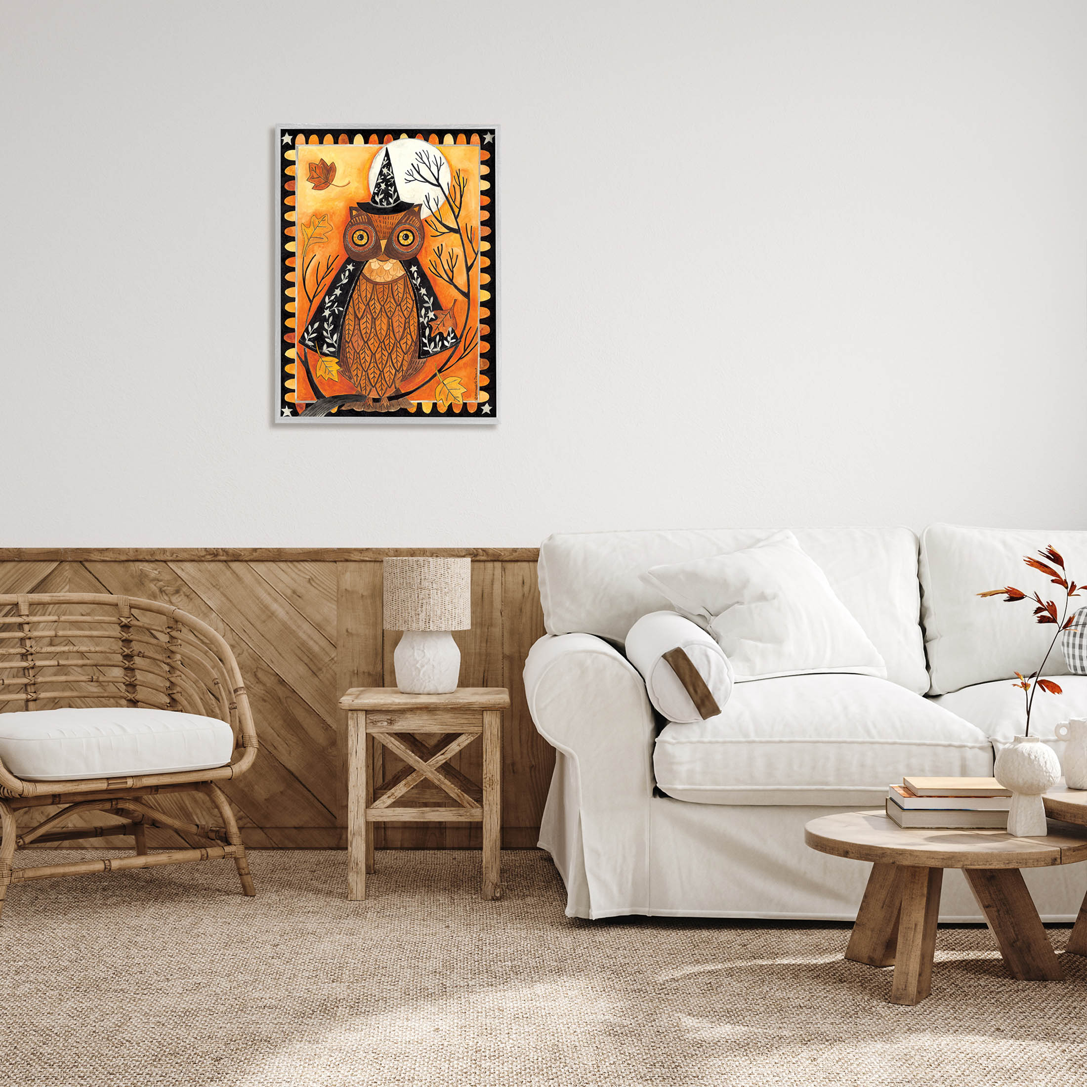 Seasonal Autumn Owl Moonlit Night Holiday Graphic Art Gray Framed Art Print Wall Art