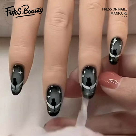 Fofosbeauty 24 pcs Press-on Acrylic False Nails, Nails Tips Designs 2023, Round Mysterious Cat Black