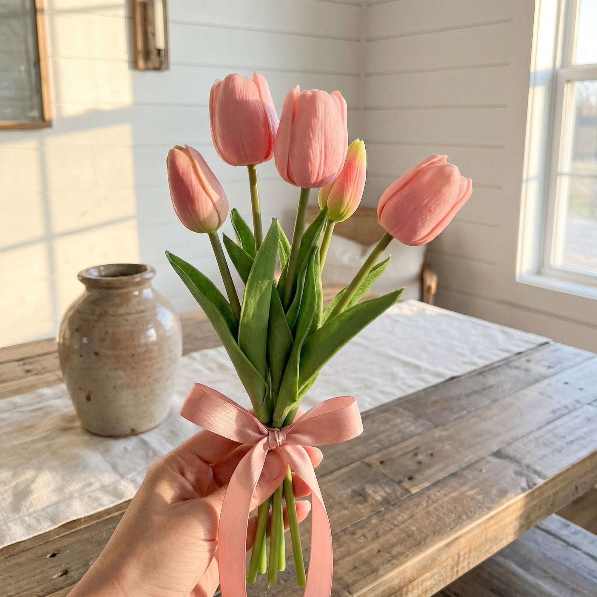 Unique Bargains 10Pcs Artificial Tulips Flowers Silk Tulips Mini Bouquet Pink 9.8"